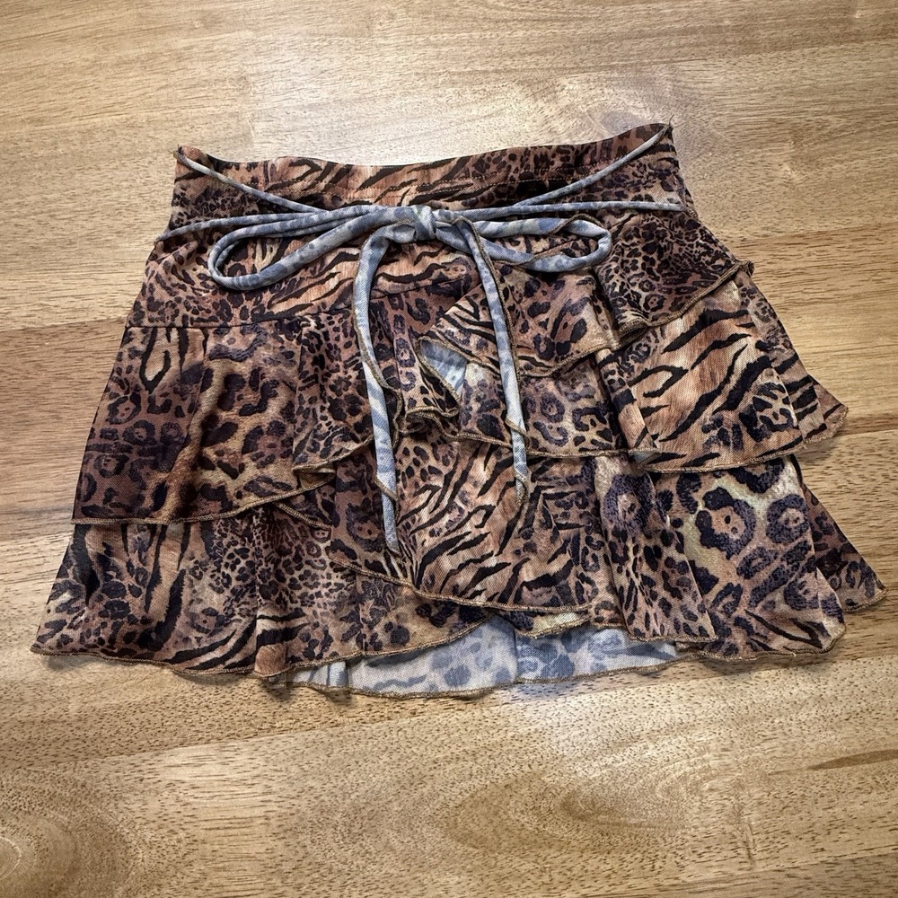 Leopard Tiered Ruffle Mini Skirt XS Animal Print Tie Waist Built In Shorts Boho